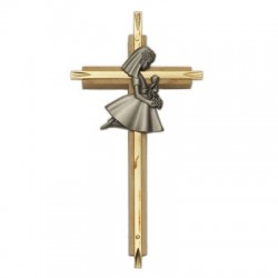 First Communion Girl's Oak and Brass Cross - 7 inch  [SNCR1010]