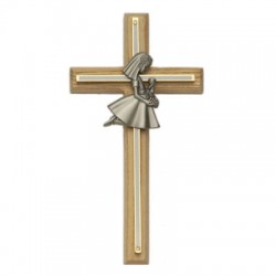 First Communion Girl's Oak and Brass Cross - 8 inch [SNCR1014]