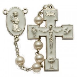 First Communion Pearl Rosary with Praying Girl Centerpiece   [SNC0067]