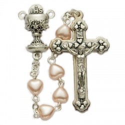 First Communion Pink Pearl Heart Rosary with Chalice Centerpiece [SNC0064]