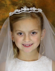 First Communion Veil with Pearl and Rhinestone Floral Headpiece [AJV3007]