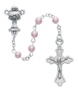 Girls Pink Bead First Communion Rosary with Cross Box [MVR0624]