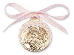 Girl's Pink Ribbon Guardian Angel Crib Medal in Brass [BLCRB008]