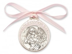 Girl's Pink Ribbon Guardian Angel Crib Medal in Pewter [BLCRB007]
