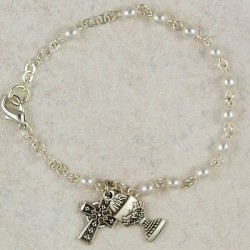 Irish First Communion Faux Pearl Bracelet with Chalice and Celtic Cross Charm [MVC065]