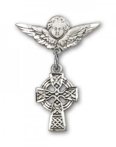 Pin Badge with Celtic Cross Charm and Angel with Smaller Wings Badge Pin [BLBP0178]