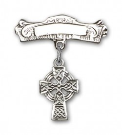 Pin Badge with Celtic Cross Charm and Arched Polished Engravable Badge Pin [BLBP0176]
