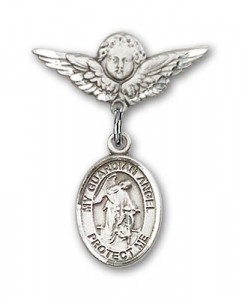 Pin Badge with Guardian Angel Charm and Angel with Smaller Wings Badge Pin [BLBP1089]