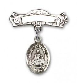 Pin Badge with Infant of Prague Charm and Arched Polished Engravable Badge Pin [BLBP1332]