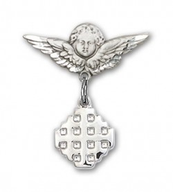 Pin Badge with Jerusalem Cross Charm and Angel with Smaller Wings Badge Pin [BLBP0150]