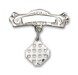 Pin Badge with Jerusalem Cross Charm and Arched Polished Engravable Badge Pin [BLBP0148]