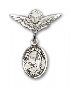 Pin Badge with Our Lady of Lourdes Charm and Angel with Smaller Wings Badge Pin [BLBP1886]