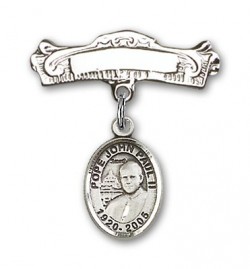 Pin Badge with Pope John Paul II Charm and Arched Polished Engravable Badge Pin [BLBP1514]