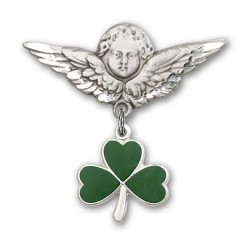 Pin Badge with Shamrock Charm and Angel with Larger Wings Badge Pin [BLBP0205]