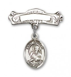 Pin Badge with St. Andrew the Apostle Charm and Arched Polished Engravable Badge Pin [BLBP0260]