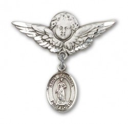 Pin Badge with St. Barbara Charm and Angel with Larger Wings Badge Pin [BLBP0303]
