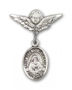 Pin Badge with St. Bede the Venerable Charm and Angel with Smaller Wings Badge Pin [BLBP1983]