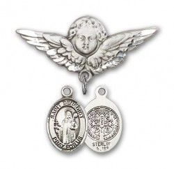Pin Badge with St. Benedict Charm and Angel with Larger Wings Badge Pin [BLBP0317]