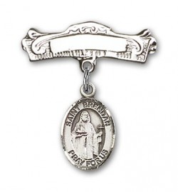 Pin Badge with St. Brendan the Navigator Charm and Arched Polished Engravable Badge Pin [BLBP0386]