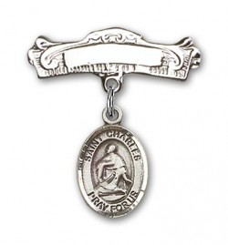 Pin Badge with St. Charles Borromeo Charm and Arched Polished Engravable Badge Pin [BLBP0401]
