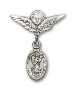 Pin Badge with St. Christopher Charm and Angel with Smaller Wings Badge Pin [BLBP0165]