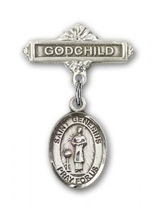 Pin Badge with St. Genesius of Rome Charm and Godchild Badge Pin [BLBP0530]