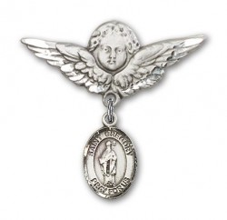 Pin Badge with St. Gregory the Great Charm and Angel with Larger Wings Badge Pin [BLBP0598]