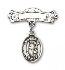 Pin Badge with St. Hubert of Liege Charm and Arched Polished Engravable Badge Pin [BLBP0576]