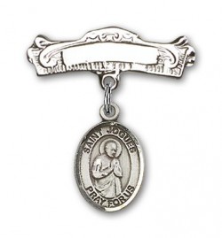 Pin Badge with St. Isaac Jogues Charm and Arched Polished Engravable Badge Pin [BLBP1367]