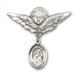 Pin Badge with St. Isidore of Seville Charm and Angel with Larger Wings Badge Pin [BLBP0605]