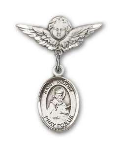 Pin Badge with St. Isidore of Seville Charm and Angel with Smaller Wings Badge Pin [BLBP0606]