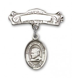 Pin Badge with St. John Bosco Charm and Arched Polished Engravable Badge Pin [BLBP0646]