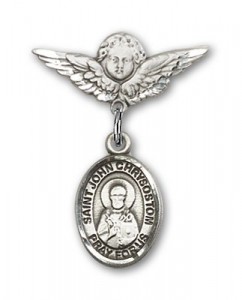 Pin Badge with St. John Chrysostom Charm and Angel with Smaller Wings Badge Pin [BLBP2284]
