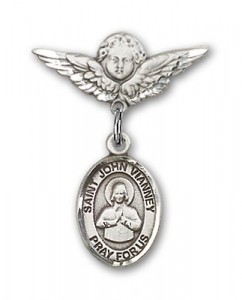 Pin Badge with St. John Vianney Charm and Angel with Smaller Wings Badge Pin [BLBP1845]
