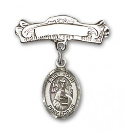 Pin Badge with St. John the Apostle Charm and Arched Polished Engravable Badge Pin [BLBP0653]