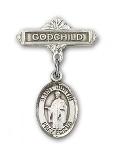 Pin Badge with St. Justin Charm and Godchild Badge Pin [BLBP0628]