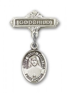 Pin Badge with St. Maria Faustina Charm and Godchild Badge Pin [BLBP0747]