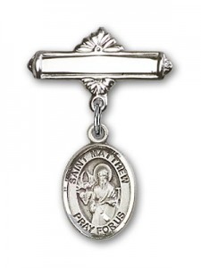 Pin Badge with St. Matthew the Apostle Charm and Polished Engravable Badge Pin [BLBP0777]