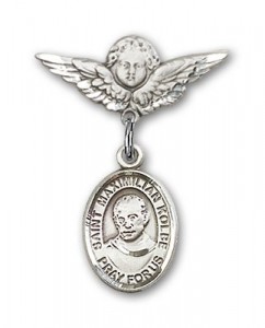 Pin Badge with St. Maximilian Kolbe Charm and Angel with Smaller Wings Badge Pin [BLBP0774]