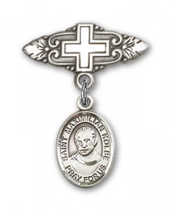Pin Badge with St. Maximilian Kolbe Charm and Badge Pin with Cross [BLBP0771]