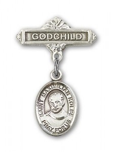 Pin Badge with St. Maximilian Kolbe Charm and Godchild Badge Pin [BLBP0775]