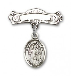 Pin Badge with St. Nicholas Charm and Arched Polished Engravable Badge Pin [BLBP0821]