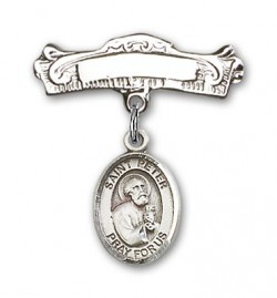 Pin Badge with St. Peter the Apostle Charm and Arched Polished Engravable Badge Pin [BLBP0891]