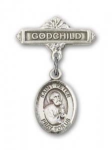 Pin Badge with St. Peter the Apostle Charm and Godchild Badge Pin [BLBP0894]