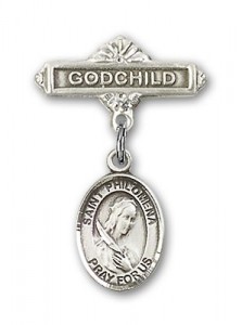 Pin Badge with St. Philomena Charm and Godchild Badge Pin [BLBP0803]