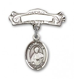Pin Badge with St. Pius X Charm and Arched Polished Engravable Badge Pin [BLBP2002]
