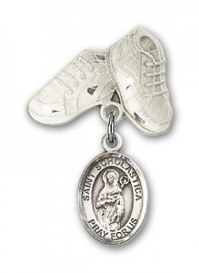 Pin Badge with St. Scholastica Charm and Baby Boots Pin [BLBP0958]