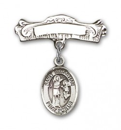 Pin Badge with St. Sebastian Charm and Arched Polished Engravable Badge Pin [BLBP0961]