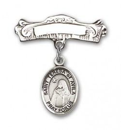 Pin Badge with St. Teresa of Avila Charm and Arched Polished Engravable Badge Pin [BLBP0975]