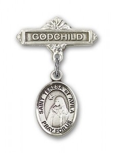Pin Badge with St. Teresa of Avila Charm and Godchild Badge Pin [BLBP0978]